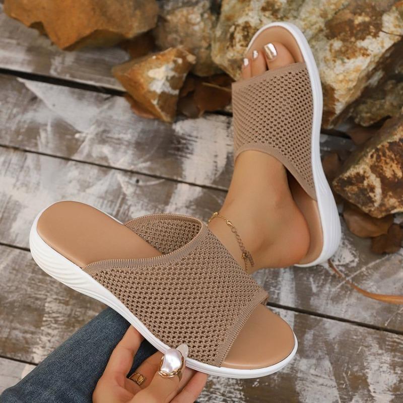 Women's Knitted Breathable Mesh Slide Sandals Soft Flat Sandals with Open Toe Platform Non-Slip Light Casual Summer Beach Shoes