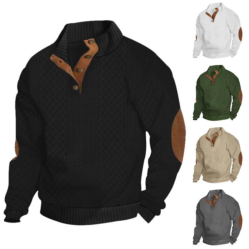 Men's Diamond Knit Henley Sweater Elbow Patch Stand Collar Casual Pullover