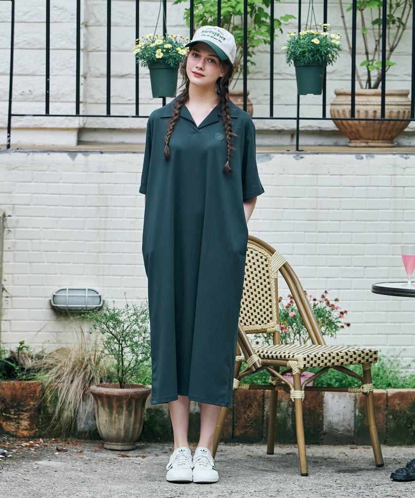 Metapeo Met Natural Collar Short Sleeve Long Dress Green