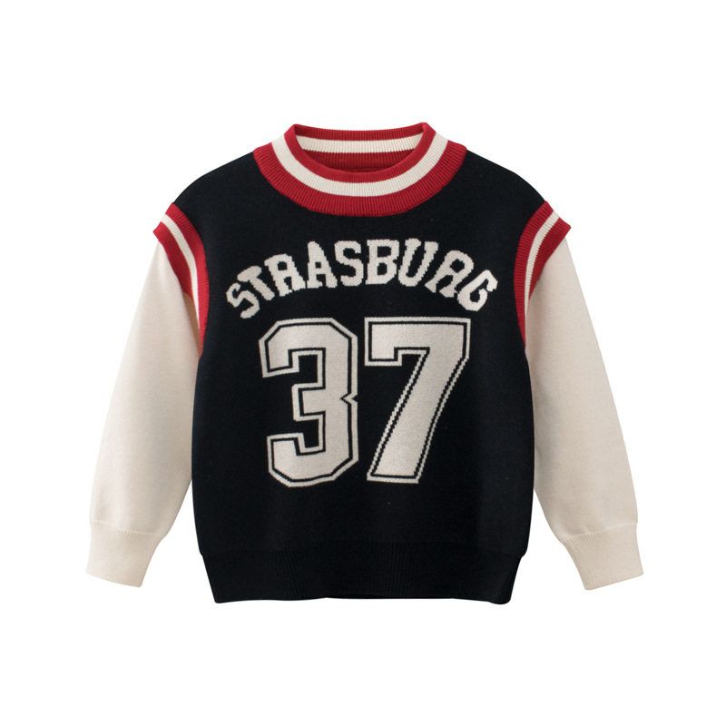 Fake Two-Piece Kids Cotton Sweater with Half-High Collar Black 140
