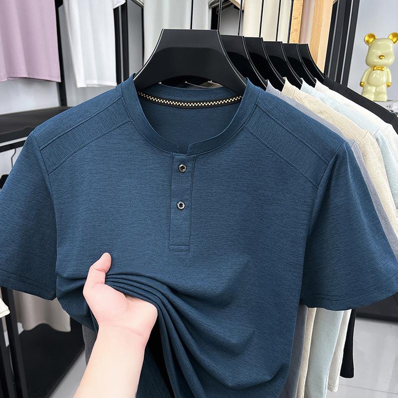 Men's Summer Short Sleeve Henley Collar Polo Shirt - Loose Fit, Solid Color, Casual Versatile T-shirt