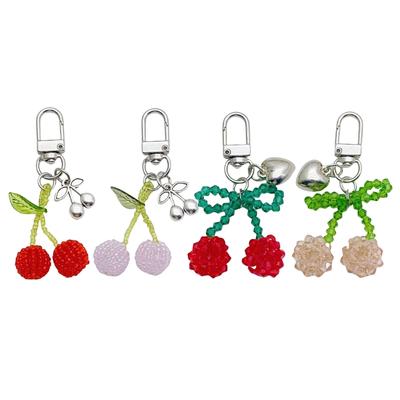 Cherry Beaded Keychain Pink Heart 7.5cm Cute Handmade Crystal Bead Accessory for Women and Teens Bag Charm