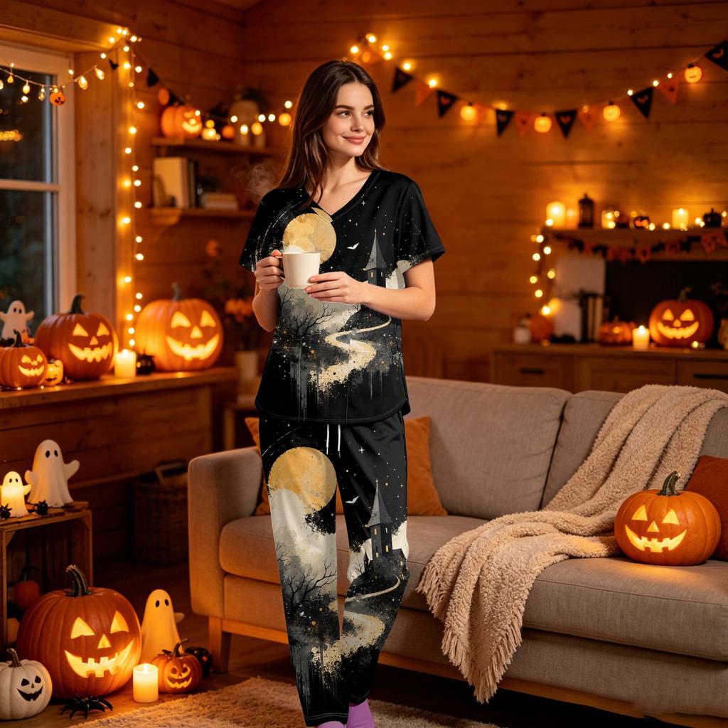 Women's V-Neck Short Sleeve Scrub Top and Pants Set with Pockets, Halloween Print Uniform 2-Piece Set