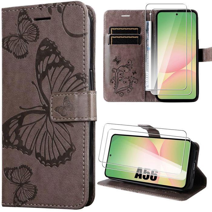 Coque de protection - BOOLING - pour Samsung Galaxy A56 5G - Motif Papillon - Simili Cuir Marron - 2 Verres Trempés