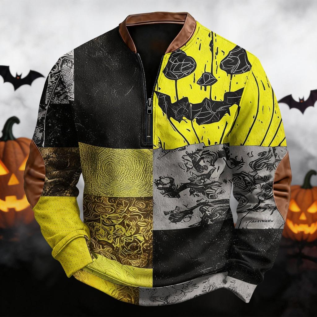 Men's Casual Retro Half Zip Long Sleeve Sweatshirt with Halloween Print