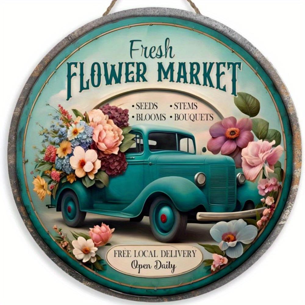 1pc 2d Flat Retro Round Wooden Sign Flower Market Flower Truck, Novel and Interesting Garage Bar Kitchen Home Family Friend Gift Wooden Sign- 20cm
