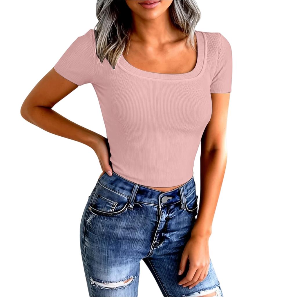 Women's Ribbed Slim Fit Sexy U-Neck Casual T-Shirt