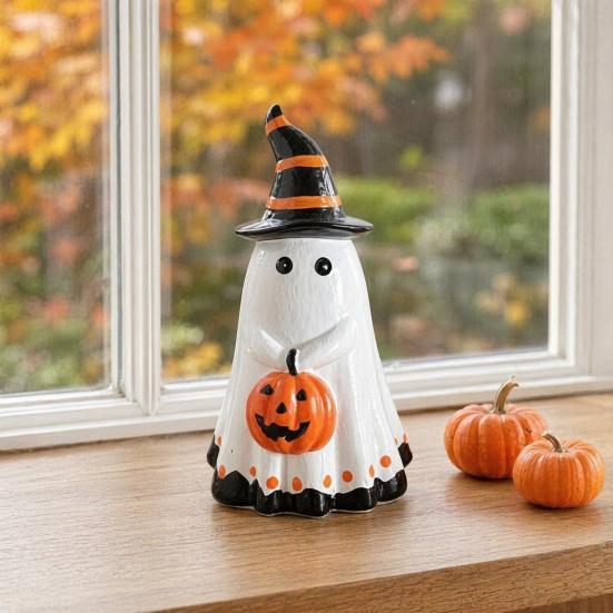 Yousheng Halloween Ghost Figurine with Witch Hat, Cute Small Resin Ghost Holding Pumpkin Statue for Home Table Shelf Desk Decor