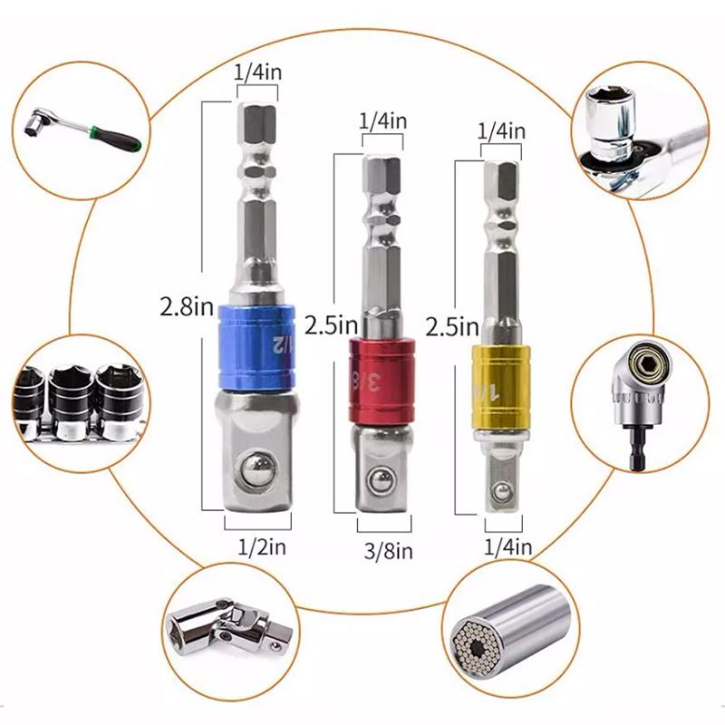 MXiiXM Rallonge De Foret Flexible Et Clé à Douille Universelle, 105 ° à Angle Droit, Adaptateur De Douille Universel 1/4", 3/8", 1/2", 3 Pièces Porte-embouts Et Kit D'embouts De Tournevis