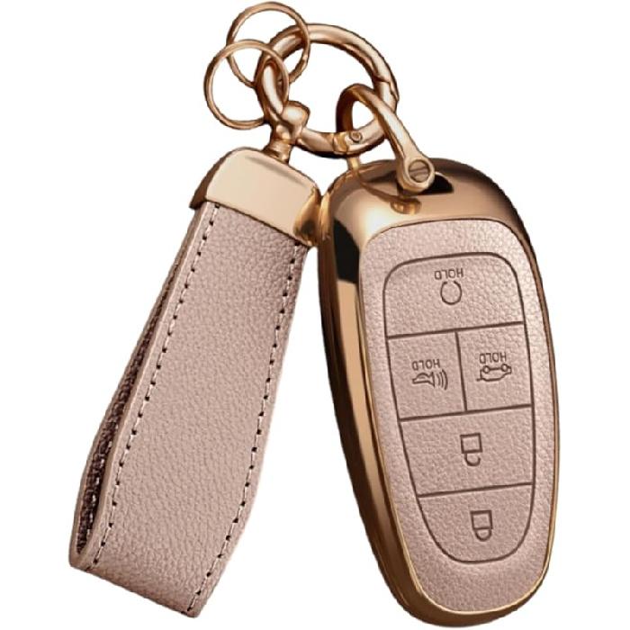 Key Fob Cover For Hyundai With Key Chain, Upper Leather + Soft TPU Car Key Case Shell For 2024   Hyundai Sonata Santa Fe Nexo Tucson (5 Buttons,