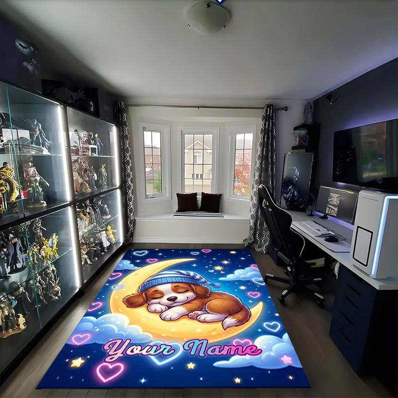 1PC Custom Name Moonlit Dreams Puppies Theme Floor Mat Ideal for Living Room, Game Rooms, Office, Bedroom,Floor Mat Playful Design