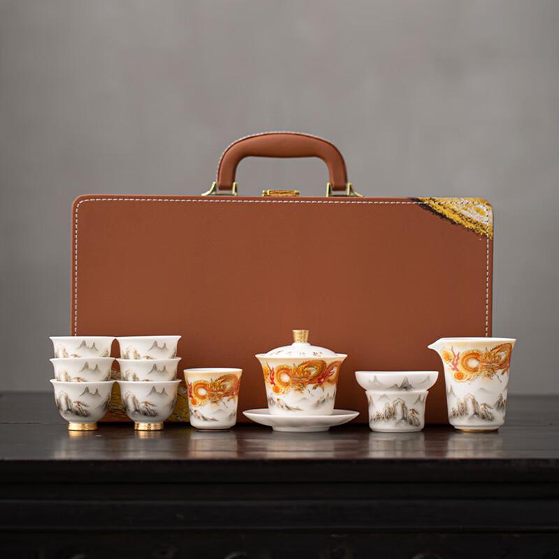 

Unglazed Mutton-fat Jade Porcelain Dragon Lidded Bowl Tea Set