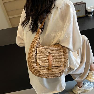 Summer Beach Woven Crossbody Bag Straw Weaving Shoulder Bag 2025 Raffia Zipper Handbag Boho Rattan Hand-Woven Travel Satchel Bag