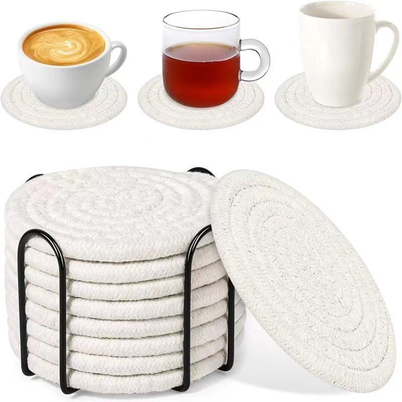 8 Cotton Rope Woven Placemats and Coasters: Handcrafted, Minimalist Coasters with a Japanese-Style Table Setting