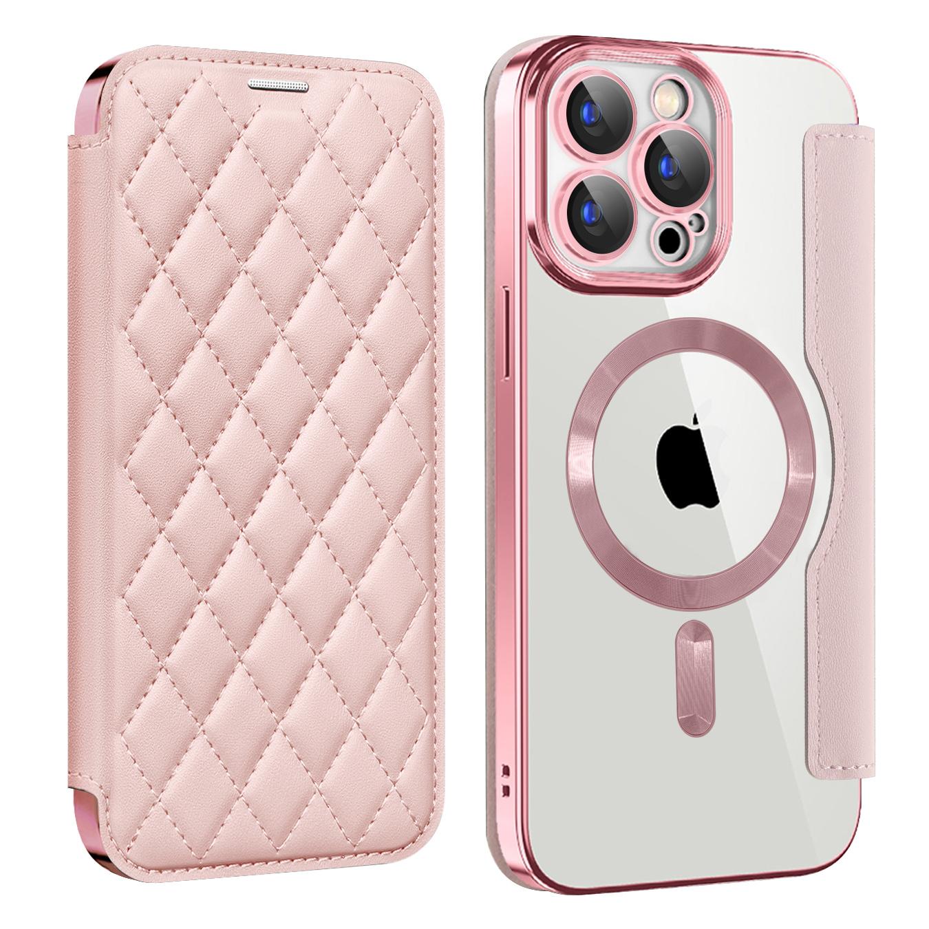 

Флип кожаный чехол для телефона с беспроводной зарядкой для iPhone 15 14 Pro Max 12 13 11 Pro Max 14Plus 15Plus Прозрачный противоударный чехол с гнездом для визитных карточек iPhone 13 Pro розовый