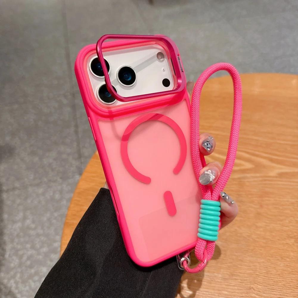 

Luxury Frosted For Magsafe Magnetic Phone Case For iPhone 17 Air 16 15 14 13 12 11 Plus Mini Pro Max Metal Bracket Lanyard Cover iPhone 15 Pro Max рожевий червоний колір