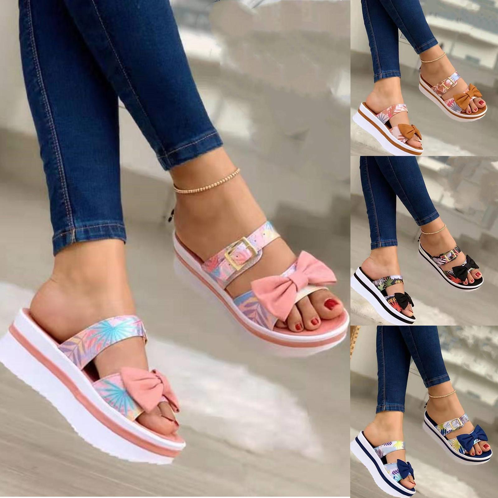 

Новые летние сандалии на танкетке на высоком каблуке, повседневная обувь, тапочки с бантом