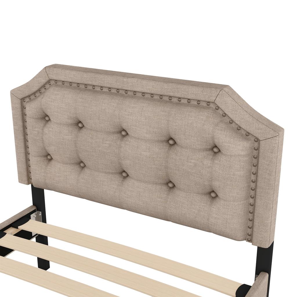 Children's Bed 90x200cm Slatted Frame Nightstand Upholstery Rivets Double Drawers Linen Adults Youth Without Mattress