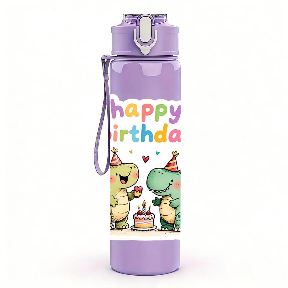 1PC Happy Birthday Dinosaur Party Print 750ml Color Plastic Sports Water Bottle Leakproof Flip Straw Lid Suitable for Sports Office Home Use