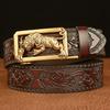 Men's Lion Head Leather Belt with Arabesque Pattern - Automatic Buckle, Cowhide, Casual for Jeans
