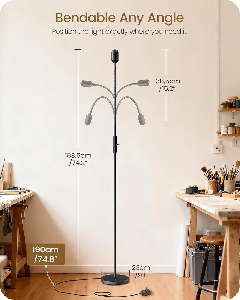74.2' LED Reading Floor Lamp, 360° Flexible Gooseneck, Touch Control, 5000K, Matte Black B16LD05