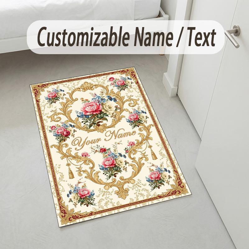Floral Elegance Theme Soft Crystal Velvet Rug Custom Name & Text Print Non Slip Floor Rug for Bedroom Living Room