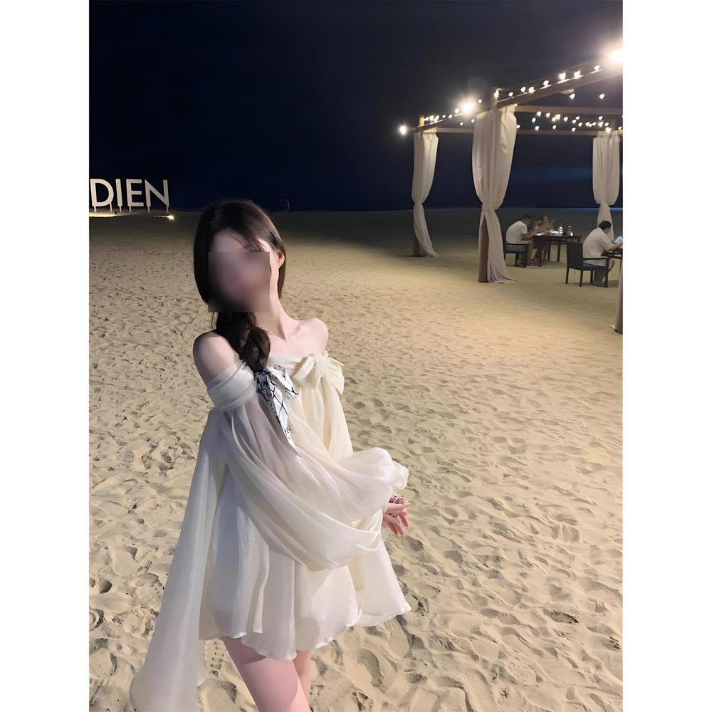 

Топ с открытыми плечами, с длинными рукавами, женский, до колена, милый, с бантом, шифоновый, мятый, с открытой спиной XL- (recommended 110-60kg)