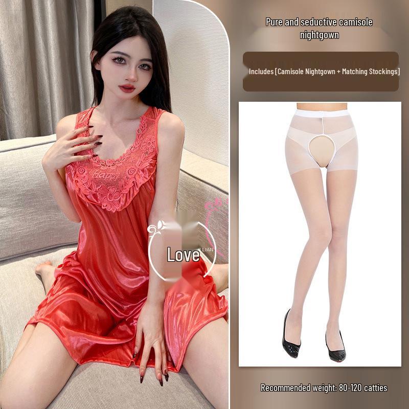 Cămașă de noapte Milian Mărimi Mari din Dantelă - Lenjerie de Noapte Coreeană fără Mâneci