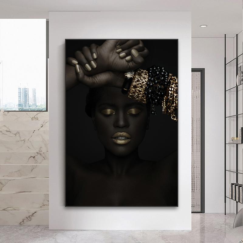 Modern Figure Art Canvas Painting African Black Woman Posters and Prints Gold Jewelry Girl Wall Pictures for Living Room Decor