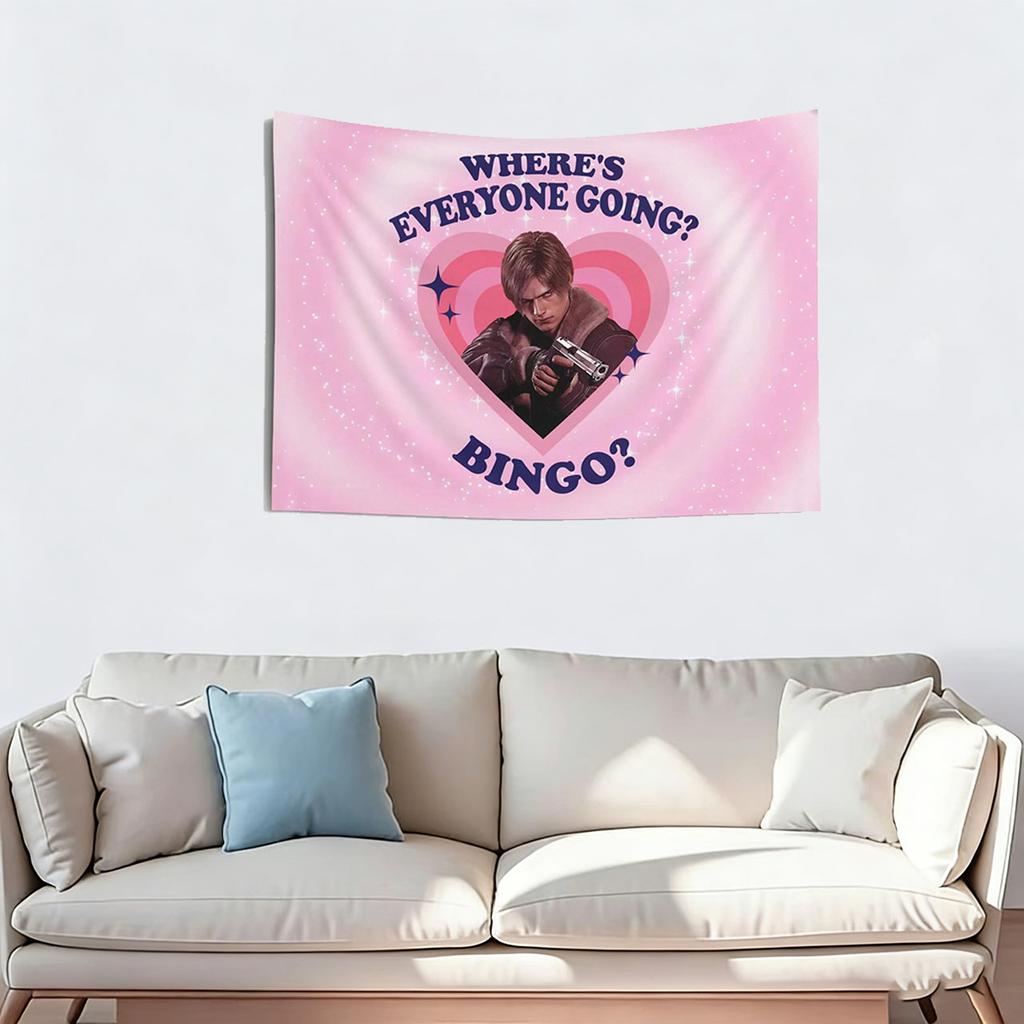 Leon S. Kennedy Tapestry & Flag, Where Is Everyone Going? Bingo Party? Wall Hanging for RE Fans, Home Decor, Flat Print