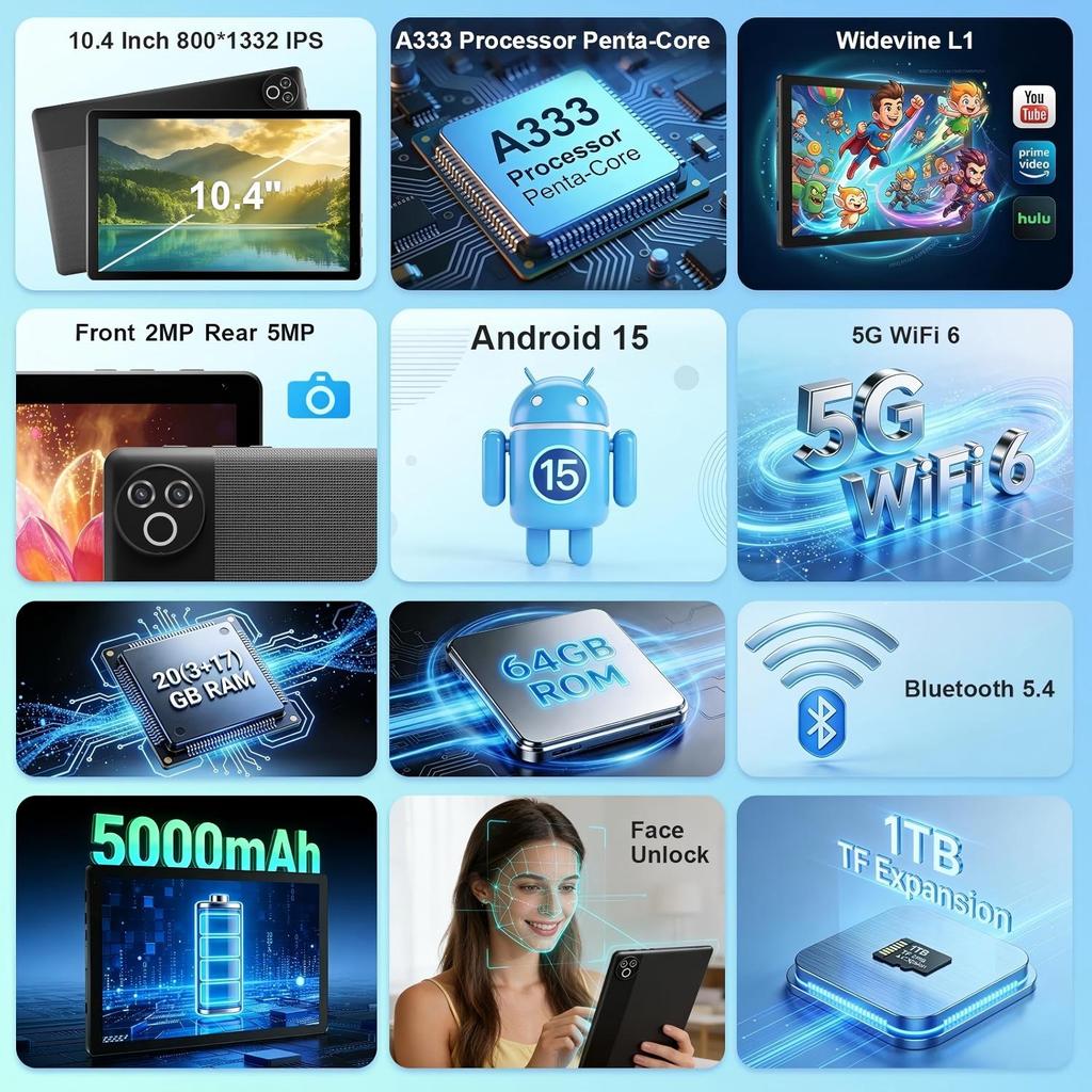 Android 15 tablet, 10.1 Inch, 20GB+64GB, 1TB Expandable, Keyboard Mouse Stylus Set