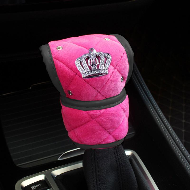 1pc Diamond Crown Car Gear Shift Cover Soft Plush Auto Shifter Hand Brake Case For Universal Car Accessories Interior Decoration