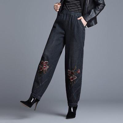 Vintage Flower Embroidery Denim Trousers Female Autumn Winter High Waist Women's Pants Loose Casual Harem Pants