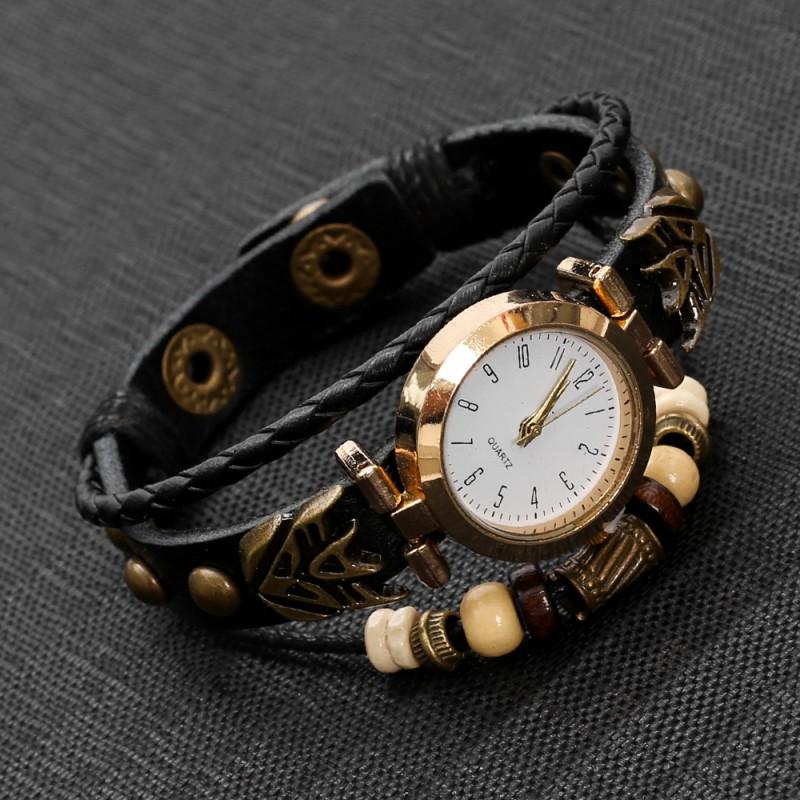 Minimalist Vintage Leather Quartz Watch Women Round Dial 28mm Punk Style Wristwatch With Braided Strap