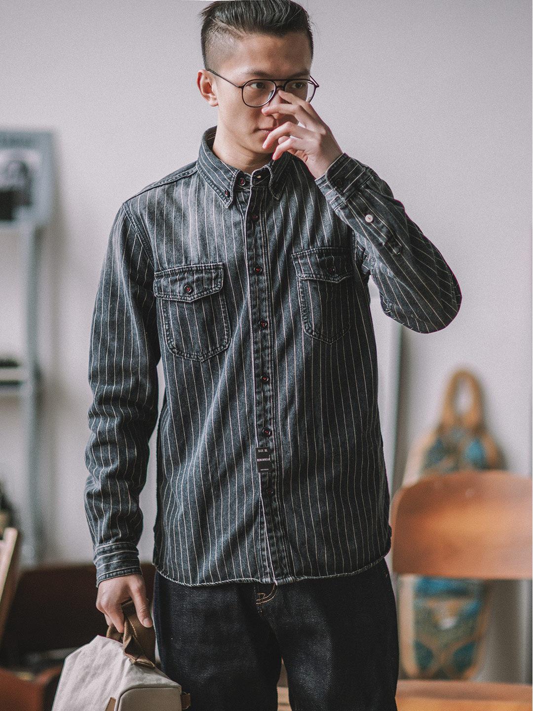 

Мужская поношенная джинсовая рабочая рубашка цвета хаки в полоску 3XL чёрный