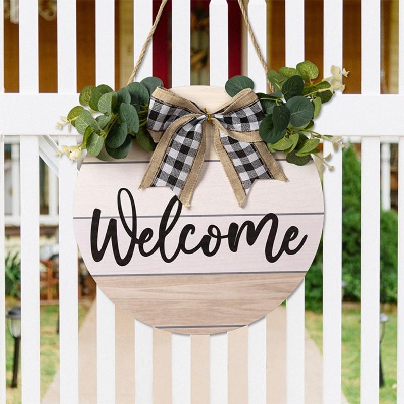 Welcome Front Door Round Wood Sign Hanging Eucalyptu Farmhouse Porch Spring Gift for Decorations