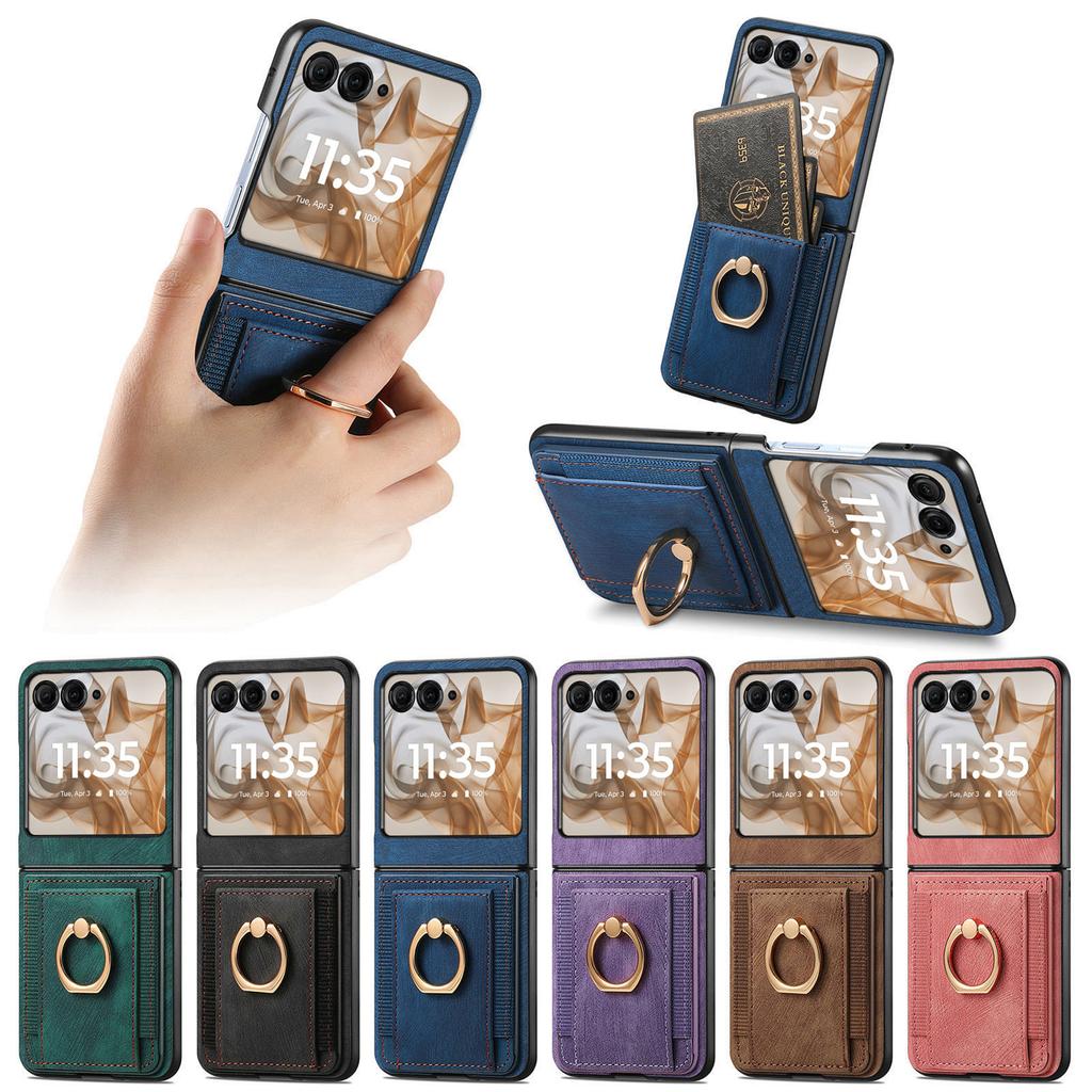 Retro Ring Holder Magnetic Leather Case For Motorola Razr 50 60 Ultra 40 Fashion Insert card Solt Bag Stand Skin Feeling Cover