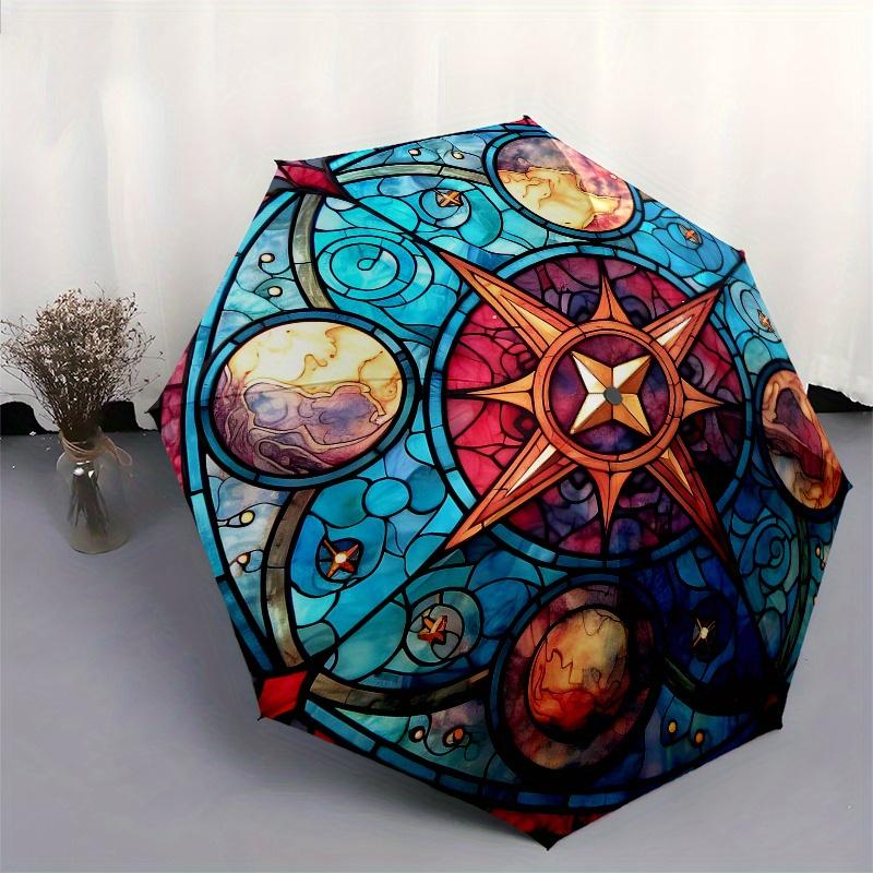Stained Compass Rose Window ArtUmbrella, Portable 3-Fold Compact Umbrella for Men & Women Gift