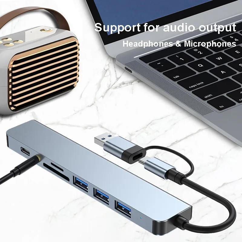 8 In 2  Type C Docking Station USB Splitter Adaptor USB C Hub 5Gbps High Speed Transmission USB 3.0 2.0 3.5 Audio Jack SD/TF Card Reader OTG Adapter