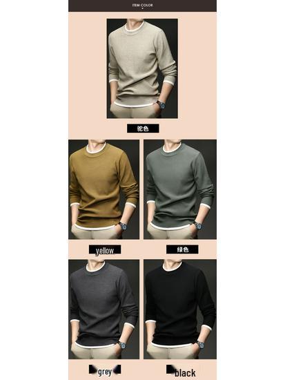 Men's Long Sleeve Round Neck Knit Sweater - Spring & Autumn Style, Fashionable Waffle Knit for Young and Middle-aged Individuals