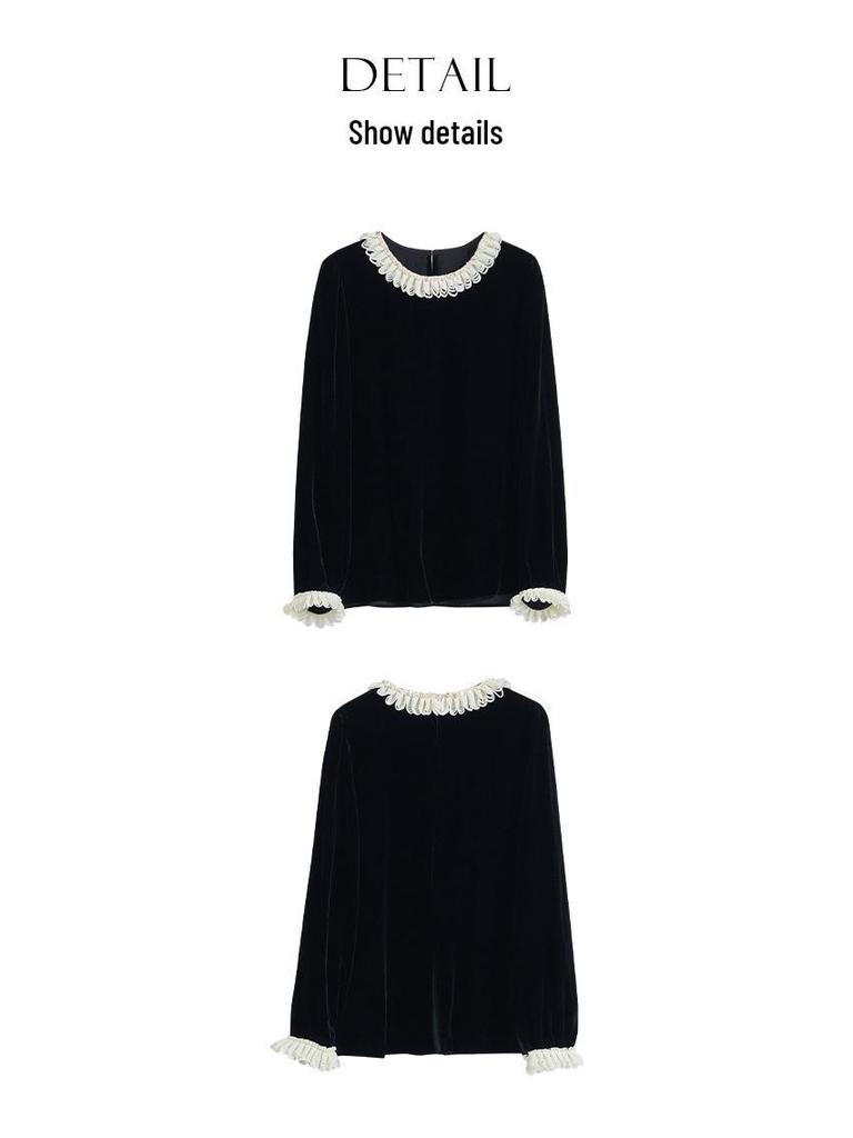 Women's French Retro Mulberry Silk Velvet Top with Lace & Butterfly Trim