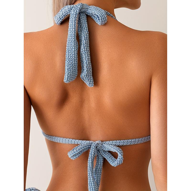 Neuer zweiteiliger Bikini Sexy Damen Einfarbig Neckholder Bademode Rückenfreier Badeanzug Eng Push-up Sommer Mini String Strand Badeanzug