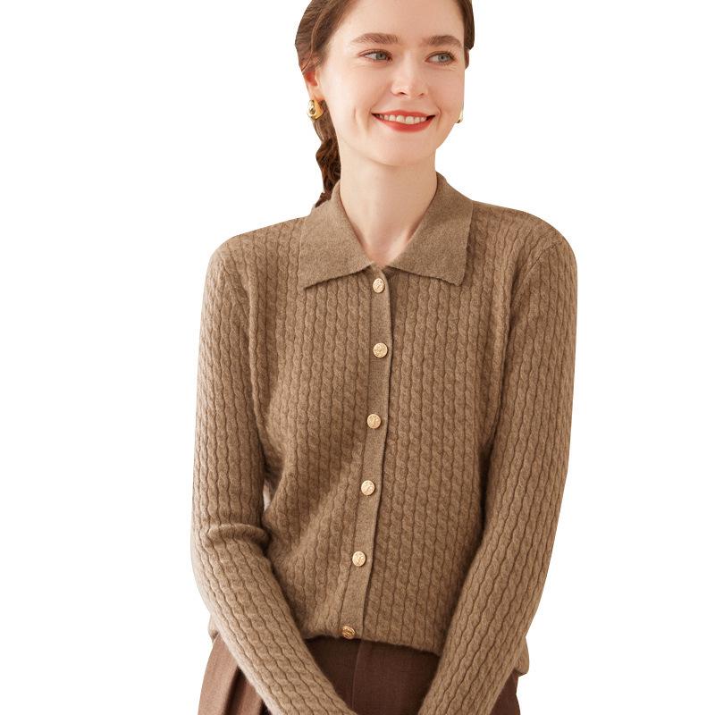 Women's Twist Pattern Polo Collar Wool Cardigan - Autumn/Winter Slim Fit Cashmere Knit Sweater