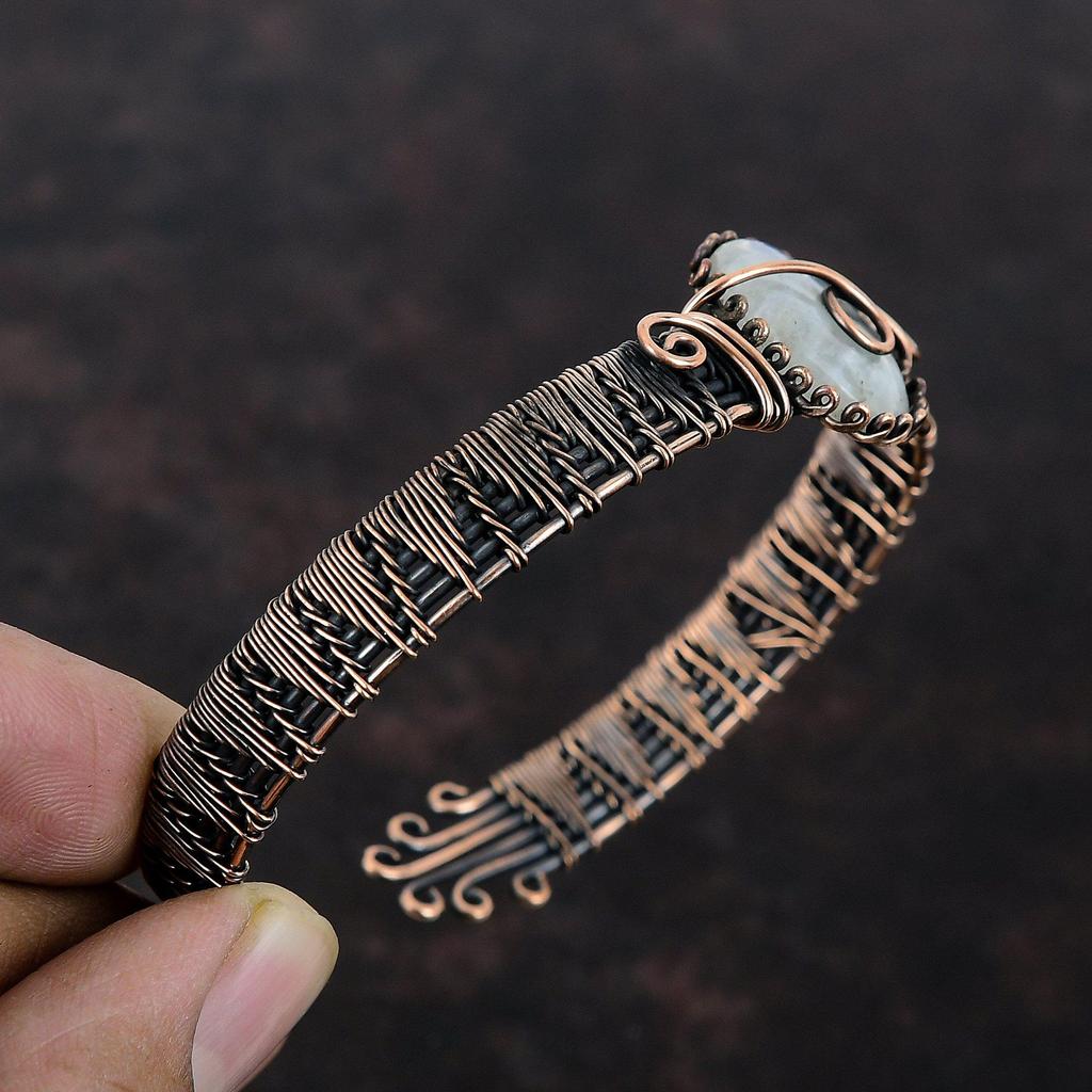 Rainbow Moonstone Cuff Bracelet Copper Wire Wrapped Bangle Rainbow Moonstone Jewelry Gemstone Adjustable Bangle Handmade Copper Wire Jewelry