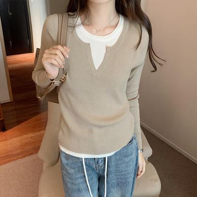 Koreanischer Stil ins kontrastfarbenes Spleißen Fake zweiteilig langärmelige Oberteile für Damen neu Nische Herbst und Winter gestrickte Unterzieh-Pullover
