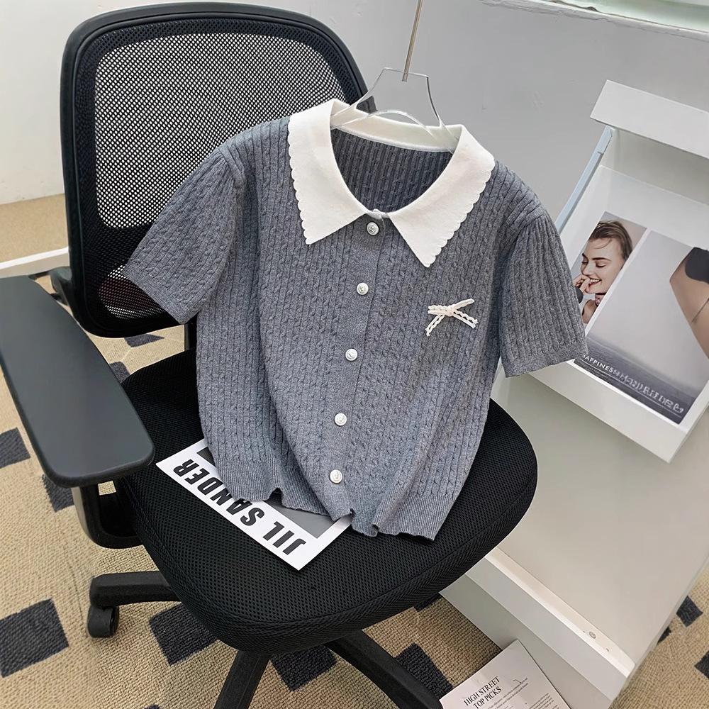 

2025 Summer Girly Color Block Knitwear: Bowknot Short Sleeve Top for Women One Size (up to 125 jin) сірий колір