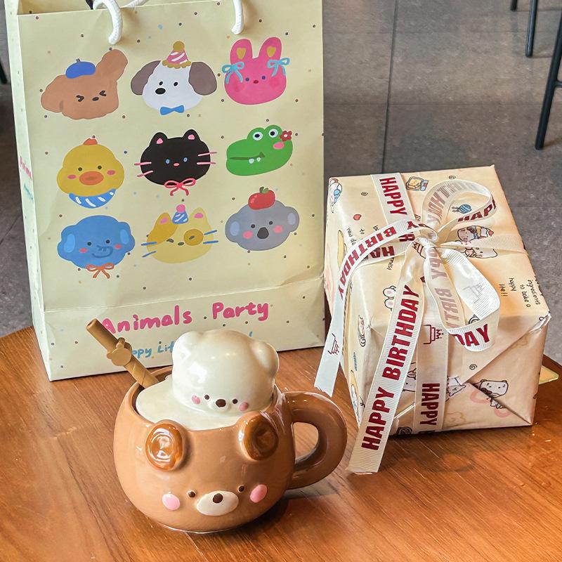 Cream Bear Cup Girls High-value Ceramic Mug with Lid Household Drinking Cup Birthday Gift Souvenir