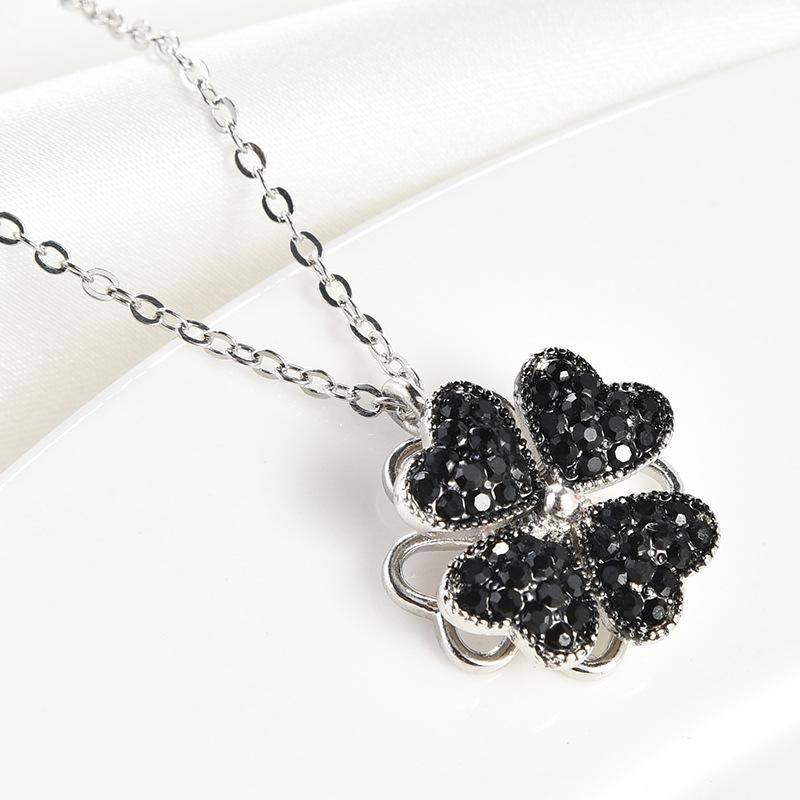 

Leaf Stylish Four Clover Necklace For Women Featuring Stunning Accents Rhinestone Silver Black Necklace