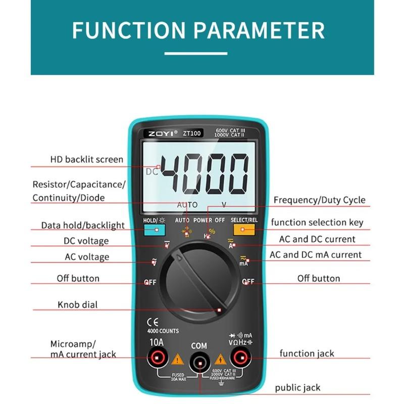 ZT100 Multimeter Digital Multi Tester Back Light AC/DC Voltmeter Diode Transistor Tester Voltmeter Ammeter Intelligent Auto Tool