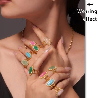 3A Zircon Inlaid Natural Stone Opening Ring 316 Titanium Steel Plated with 18K Gold Adjustable